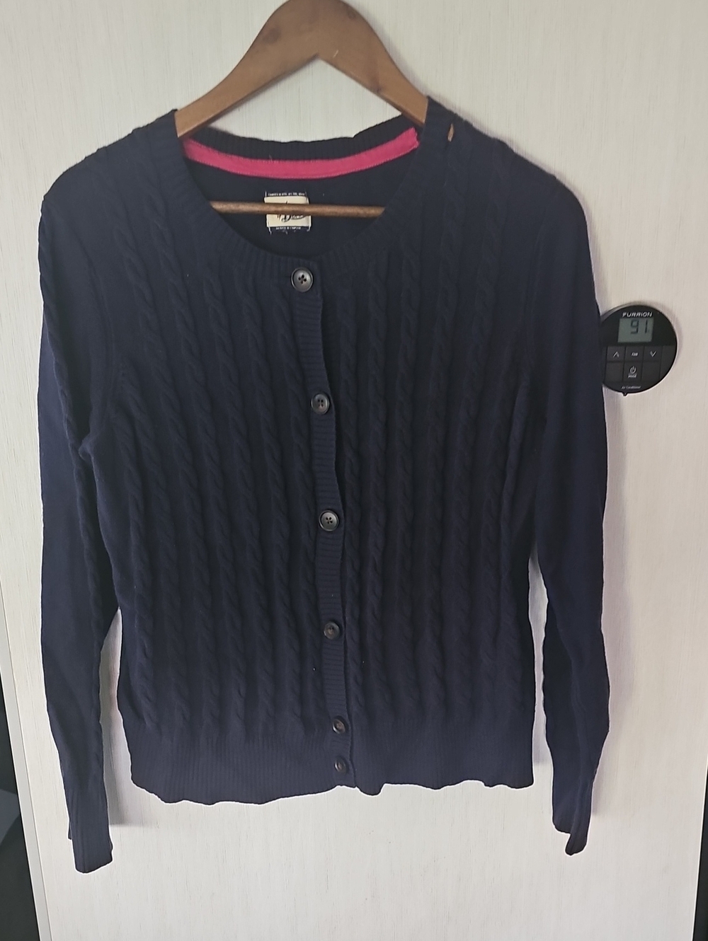 Bass Navy Cable-Knit Button Cardigan with Pink Neck Trim